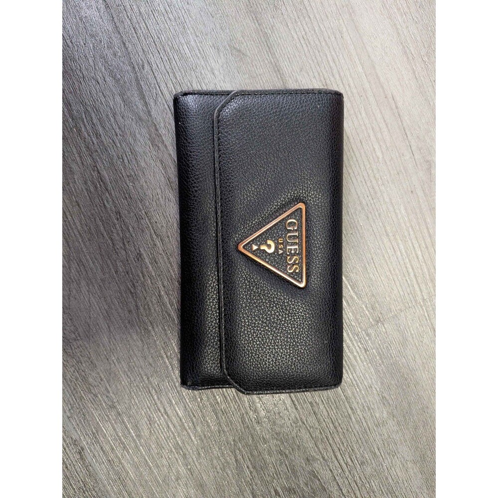 GUESS Women's Black Trifold Wallet Faux Leather Card ID Holder Coin Purse Rose G